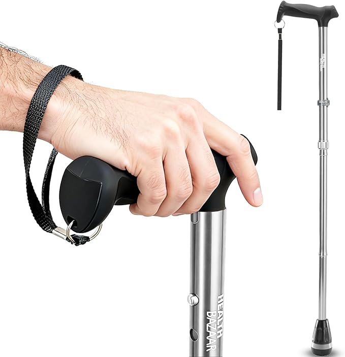 HEALTHBAZAAR All Terrain Walking Cane for Men & Women, Lightweight, Foldable, Adjustable, Shock Absorption, Collapsible Walking Stick for Seniors & Adults | HealthBazaar