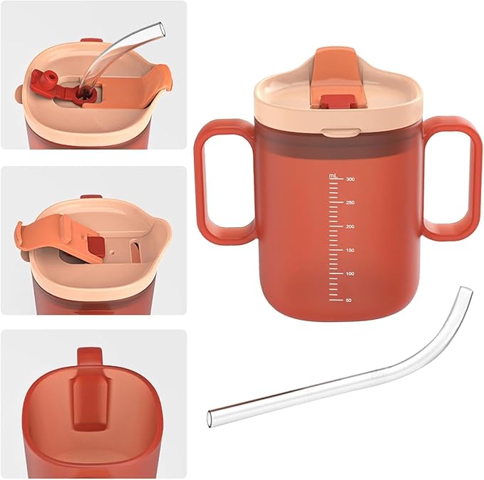 VOPHIA Senior Water Cup Sippy Cups for Elderly, Safe Silicone Spill Proof Cups with 2 Handles Straw and Lid for Adults for Hospital Patients, Elderly, Pregnant, and Disabled (Orange-1 Pack)