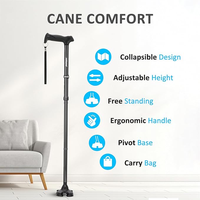 REHAND Walking Cane for Men & Women - Foldable, Adjustable, Lightweight, Self Standing Pivot Walking Cane, Soft Handle Grip, with Travel Bag, Walking Sticks for Seniors & Adults