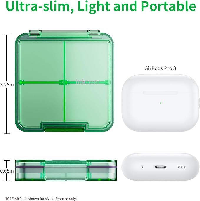 Small Pill Box, Travel Pill Organizer, Small Pill Case, Pill Container for Purse 4 Compartments, Daily Compact Travel Medicine Holder for Vitamins Medication (Green)