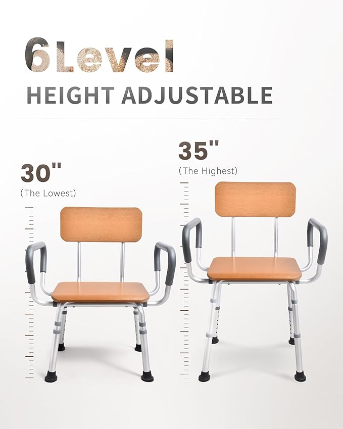 Sangohe Shower Chair for Inside Shower with Arms and Back, Height Adjustable Shower Chair for Elderly and Disabled, Wood Seat Board and Back, 400 lbs Heavy Duty Shower Seat for Seniors, 796A