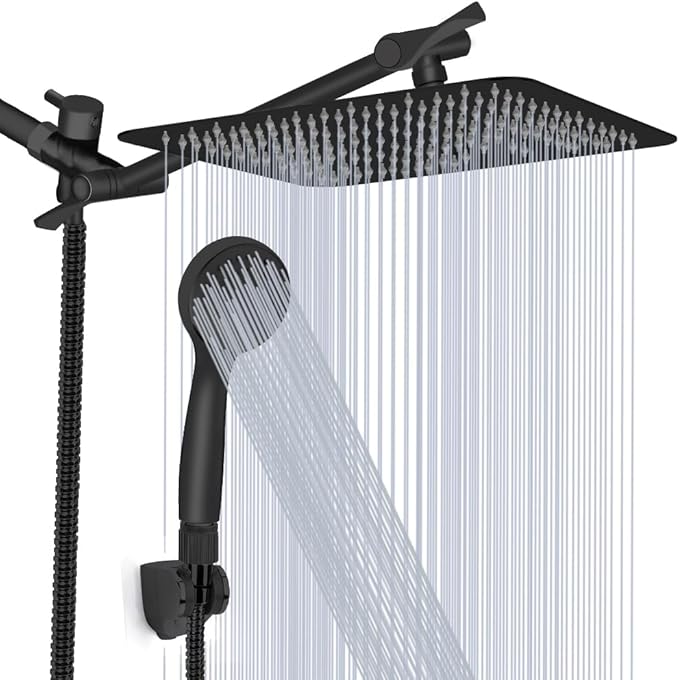 Shower Head, Kaqinu 8'' High Pressure Rainfall Shower Head/Handheld Showerhead Combo with 11” Extension Arm, Anti-leak Shower Head with Holder/Hose, Flow Regulator - Matt Black