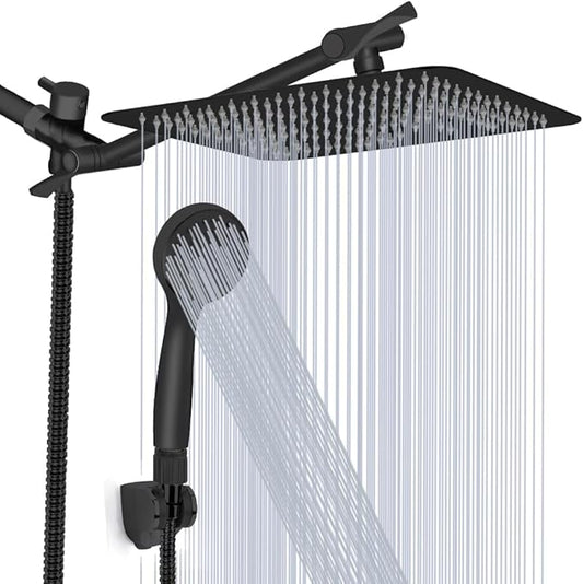 Shower Head, Kaqinu 8'' High Pressure Rainfall Shower Head/Handheld Showerhead Combo with 11” Extension Arm, Anti-leak Shower Head with Holder/Hose, Flow Regulator - Matt Black