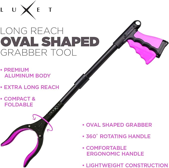 Grabber Reacher Tool 19" Aluminum Magnetic Claw, Rotating Reacher Grabber Pickup Tool, Foldable Gripper Grabbers for Elderly Grab it Reaching Tool, Trash Grabbers and Pickers, Pink, By Luxet 2-Pack