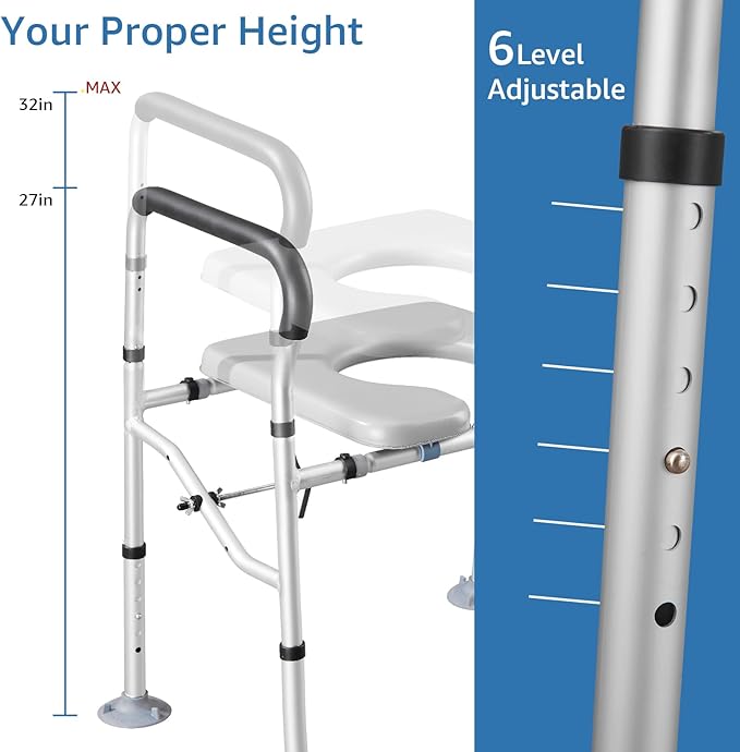 Raised Toilet Seat 400lbs, Toilet Seat Risers for Seniors, Handicap Elevated Toilet Seat with Handles & Padded Seat, Commode Chair with Adjustable Height, for Elderly, Pregnant, Fit Any Toilet