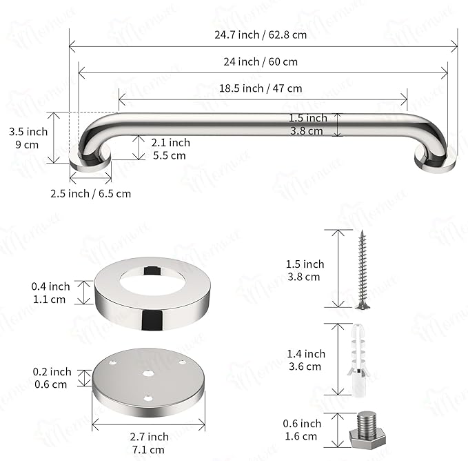 2 Pack 24 Inch Shower Grab Bar, iMomwee Chrome Stainless Steel Bathroom Grab Bar Handle, Bathroom Shower Balance Bar,Safety Hand Rail Support,Handicap Elderly Senior Assist Bath Handle(1.5" Diameter)
