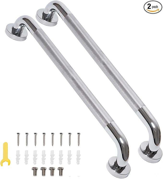 Shower Grab Bar, 32 Inch Bathroom Grab Bar Handle with Anti-Slip Knurled Grip, Stainless Steel Bath Balance Bar, 1.25" Diameter Bath Safety Bar Support for Seniors Pregnant, Polished Chrome-2Pcs