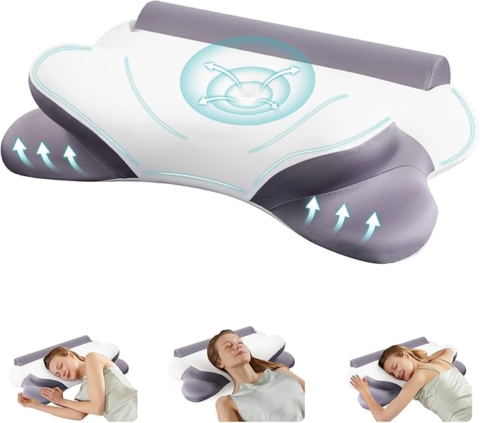 DUMOS Cervical Neck Pillow for Sleeping, Cooling Ergonomic Memory Foam Pillow with Arm Rest Slot and Ice Silk Pillowcase, Dual Height Orthopedic Support Contour for Side, Back, Stomach Sleepers