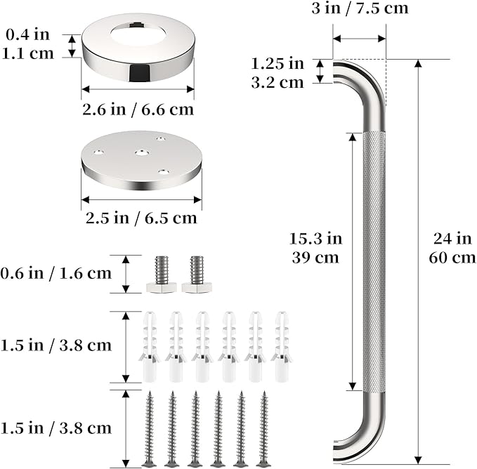 Polished Chrome Grab Bar 24 Inch, iHansee Anti-Slip Bathroom Grab Bar w/Knurled Grip, Stainless Steel Safety Handrail for Toilet Bathtub, Wall Mounted Shower Handle Handicap Bars for Senior Elderly