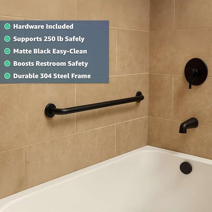 30″ Matte Black Restroom Grab Bar - Stainless Steel Wall Mount Safety Rail for Elderly, Shower or Toilet Support, Commercial Bathroom Handrail, 250 lb Capacity