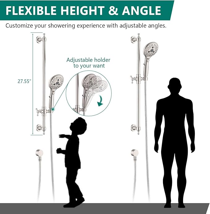 Handheld Shower Head with Slide Bar Combo, 6 Settings Handheld Shower with ON/OFF Pause Switch, Adjustable Height 27.5" Long Slide Bar, Wall Supply Elbow and 6.6ft Shower Hose, Brushed Nickel