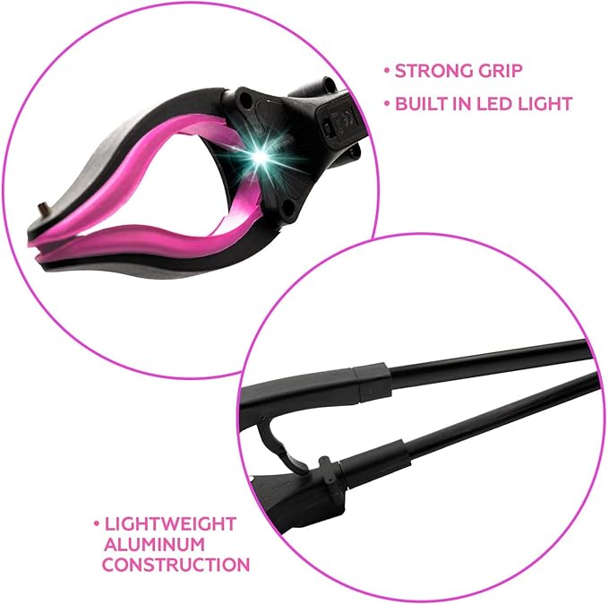 Grabber Tool 19" Aluminum Magnetic Claw with LED Light, Lightweight Foldable Reacher Grabber Pickup Tool, Gripper Grabbers for Elderly Grab it Reaching Tool Trash Picker Grabber, Pink, By Luxet