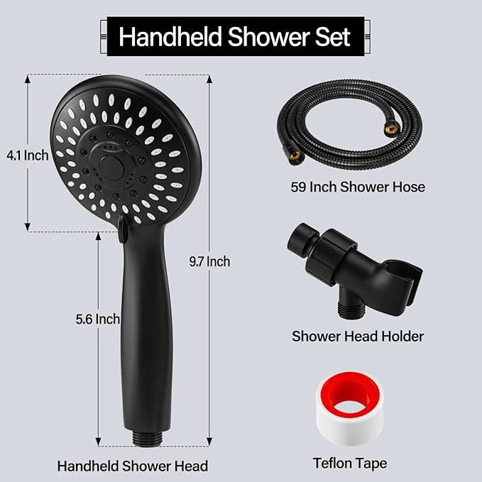 Shower Head with Handheld, Briout 5-Settings Showerhead High Pressure Powerful Water Spray Shower Head with Stainless Steel Hose and Adjustable Mount, Matte Black