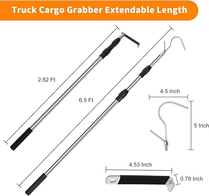 6.5 Ft Truck Cargo Grabber Reach Retriever Tool,Expandable Heavy Duty Stainless Steel Truck Telescoping Pull Pole with Two Hooks for Pickup Truck SUV Boat Accessories