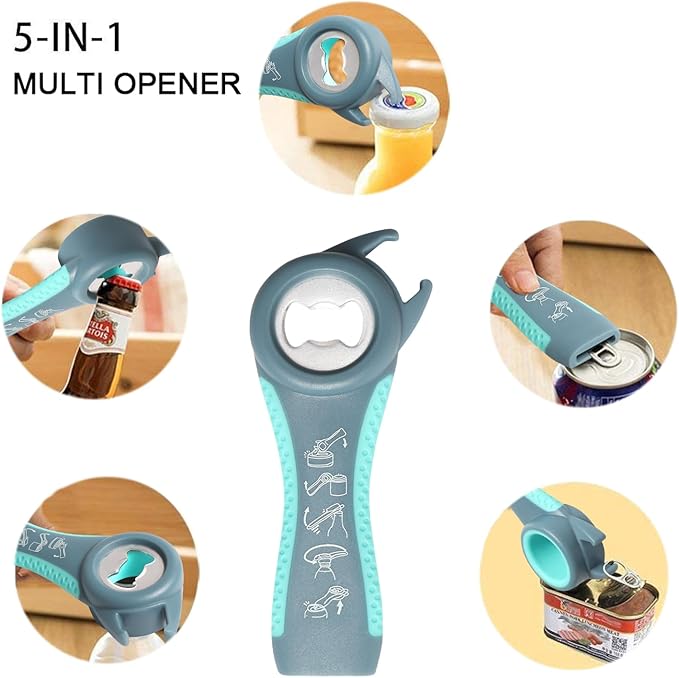Jar Opener, 5 in 1 Multi Function Can Opener Bottle Opener Kit with Silicone Handle Easy to Use for Children, Elderly and Arthritis Sufferers (JAR-blue2.0)