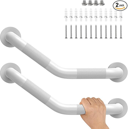 16 Inch Angled Shower Grab Bar White, Munzong 2 Pack Anti Slip Bathroom Grab Bar, Knurled Bathroom Balance Bar,Safety Hand Rail Support Handicap Elderly Injury Senior Assist Bath Handle-1.25” Tube