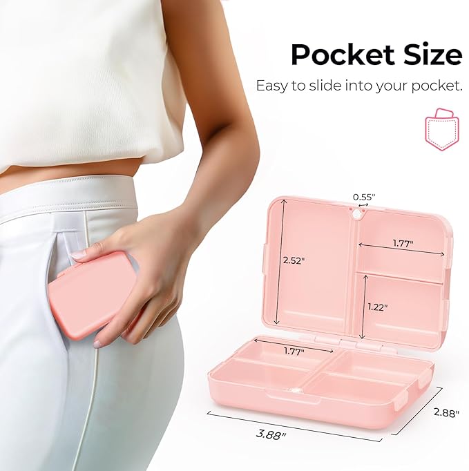 AUVON Daily Pill Organizer Fit with Your Purse or Pocket, Compact Pill Case Travel Essentials with Magnetic Folding Closure & Long-Lasting Hinges, Pill Box for Fish Oils, Supplement, Vitamins (Pink)
