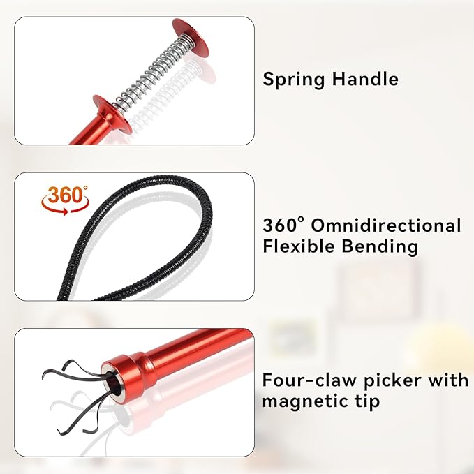 24" Magnetic Pickup Tool with 4-Claw Grabber, Flexible Retrieval Tool, Bendable Hose Reacher Pickup Sweeper, Flexible Long Handy Reaching Assist Tool for Litter Pick Home Sink Drain Grabber