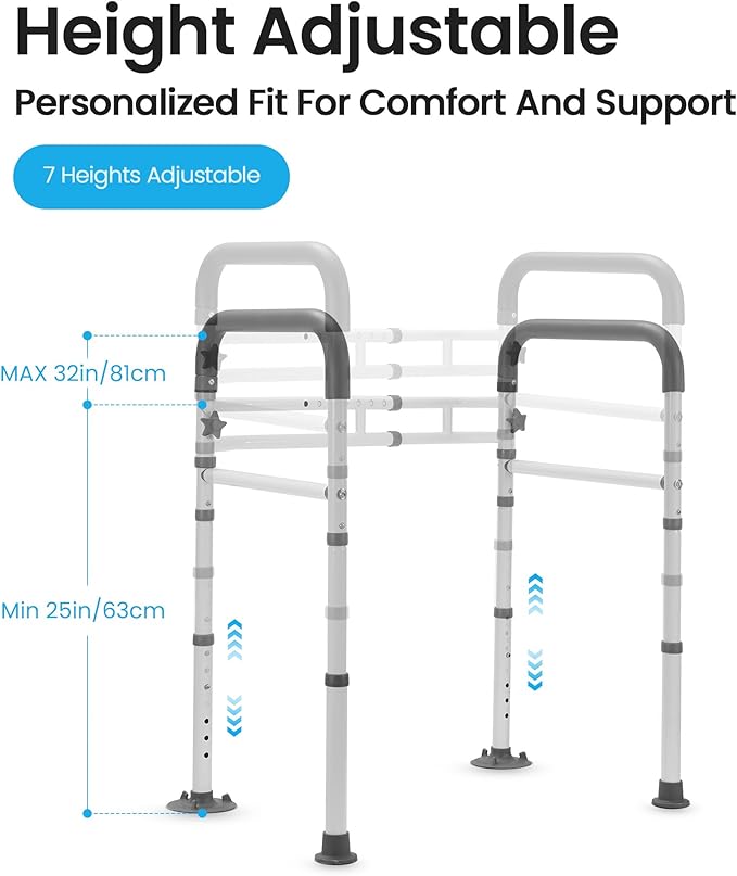 Careboda Toilet Safety Rails, Toilet Frame for Seniors, Elderly & Disabled, Toilet Rails Adjustable, Foldable Toilet Handles, Non-Slip Foot Mats, Easy to Store, Fit Any Toilets, 300lbs Capacity
