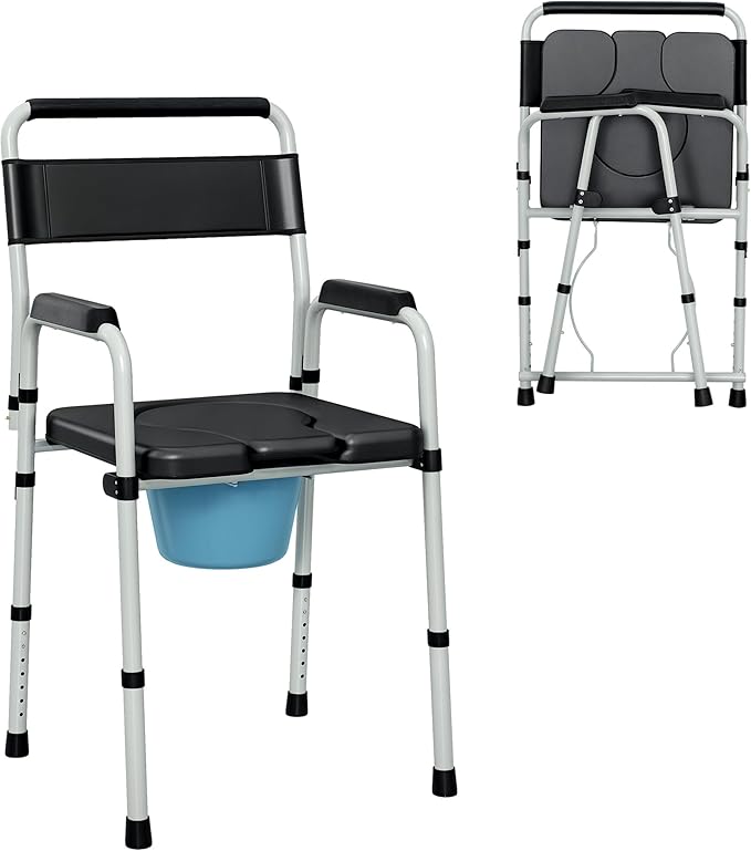 HOMCOM 4 in 1 Bedside Commode Shower Chair Portable Toilet Raised Toilet Seat with Handle for Seniors, Adults, Handicap, Adjustable Height, Black