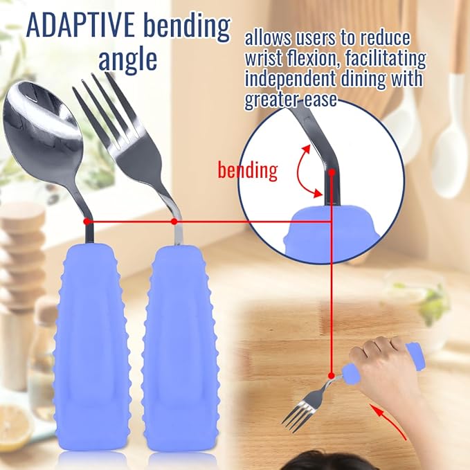 Adaptive Utensils Set – Ergonomic Angled Fork & Spoon for Parkinson's, Tremors, and Stroke Recovery – Weighted Utensils for Hand Tremors, Non-Slip Silicone Grip, Dishwasher Safe