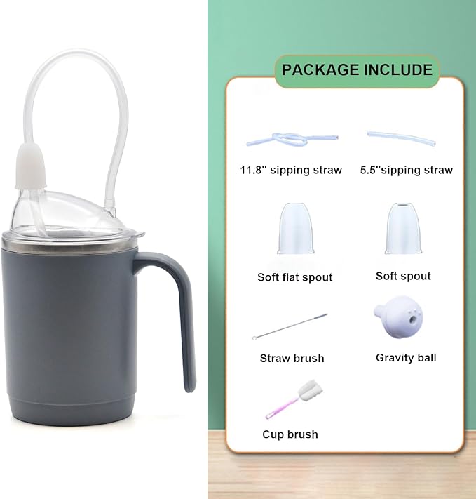 Adult Sippy Sup for Elderly 14oz Stainless Steel Spill Proof Cup with Straw, 3 in 1 Elderly Sippy Cup with Lid, Suitable for Seniors Disabled Patients Limited Mobility
