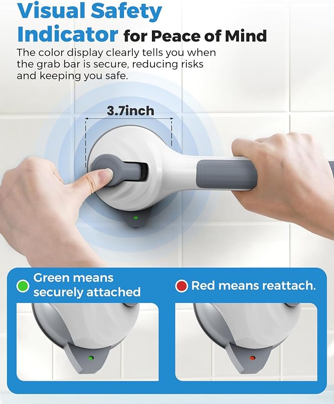 2 Pack 16.5" Suction Grab Bars for Showers with Safety Indicator, No-Drill 4mm Thickened Handicap Shower Handle for Seniors, Non-Slip Bathroom Balance Rail for Smooth Tiles & Tubs