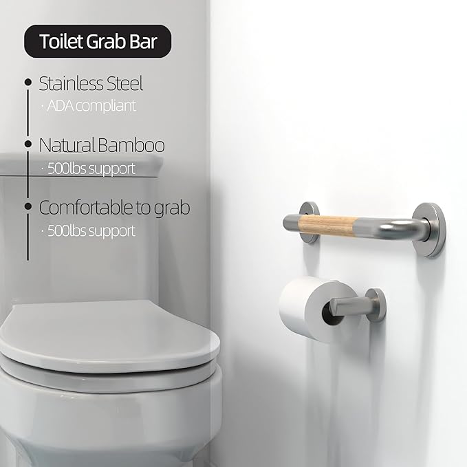 Safety Grab Bar for Bathroom & Toilet, Natural Bamboo Handle, ADA Compliant Balance Assist Handrail for Handicap and Seniors, 12in Brushed Nickel