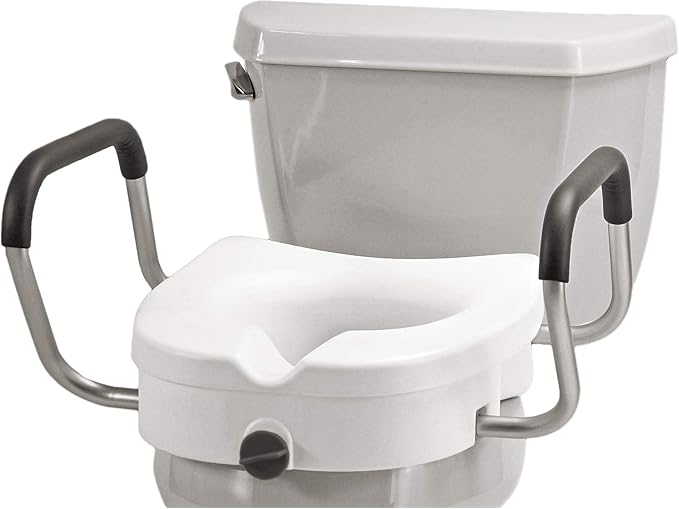 NOVA Toilet Seat Riser with Arms – Adds 5” Height, Raised Toilet Seat with ON/Off Front Lock, Adjustable & Removable Padded Arms (17.75”–20”), 300 lb Capacity, Safety Aid for Seniors