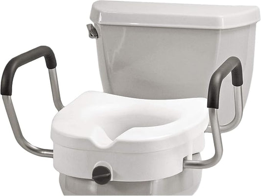 NOVA Toilet Seat Riser with Arms – Adds 5” Height, Raised Toilet Seat with ON/Off Front Lock, Adjustable & Removable Padded Arms (17.75”–20”), 300 lb Capacity, Safety Aid for Seniors