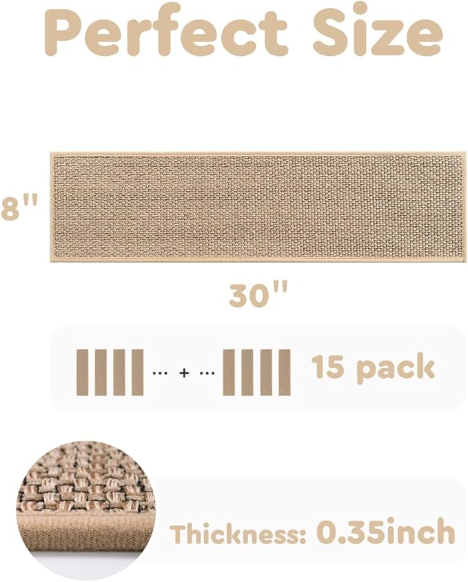 PADOOR Non Slip Stair-Treads,Rubber Backing Stair-Runners for Wooden Steps,15PCS Residue Free Carpet Stair Treads for Kids and Dogs 8"x30" Beige