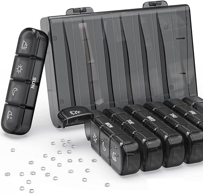 Weekly Pill Organizer 4 Times a Day, Travel Essentials 7 Day Morning and Night Pill Box, Black Daily Am Pm Pill Case for Medication, Vitamins, Fish Oils, Supplements