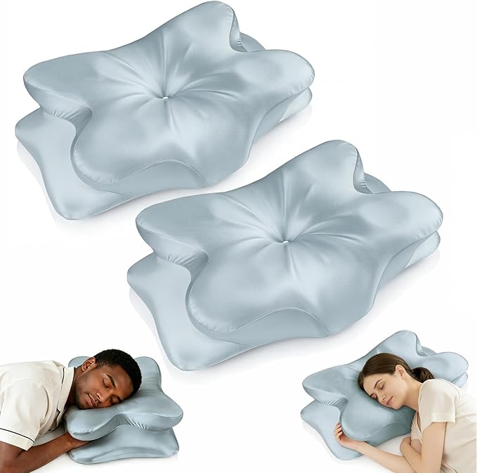 2-Pack Cervical Neck Pillow for Neck Pain Relief,Ergonomic Memory Foam Contour Pillow with Wrinkle-Resistant Silky Satin Fabric Cover,Orthopedic Bed Pillow for Side,Back,Stomach Sleepers,Blu