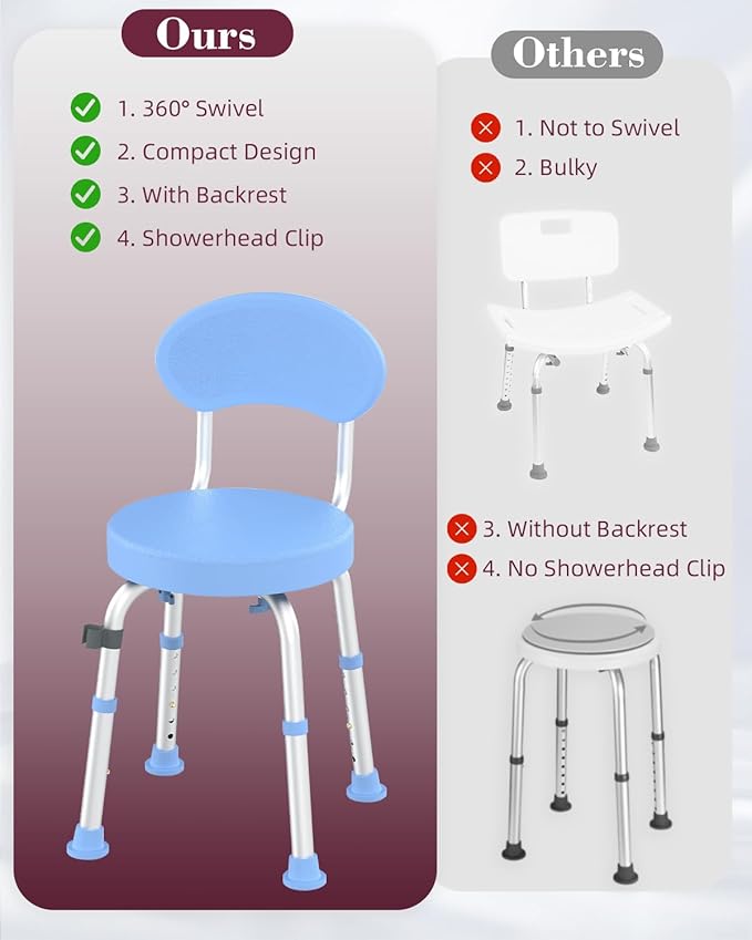 Swivel Shower Chair, 360° Non-Slip Shower Seat with Backrest for Elderly and Disabled, Height Adjustable Rotating Tub Bench for Seniors Bathroom Inside Shower with Compact Frame (Blue)