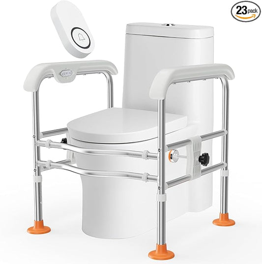 Emergency Alert Toilet Safety Rails for Seniors (665lbs), Adjustable LED Toilet Frame with Call Bell & Handles for Elderly, Foldable Handicap Toilet Aid Support for Most Toilets, Stand Up Assist