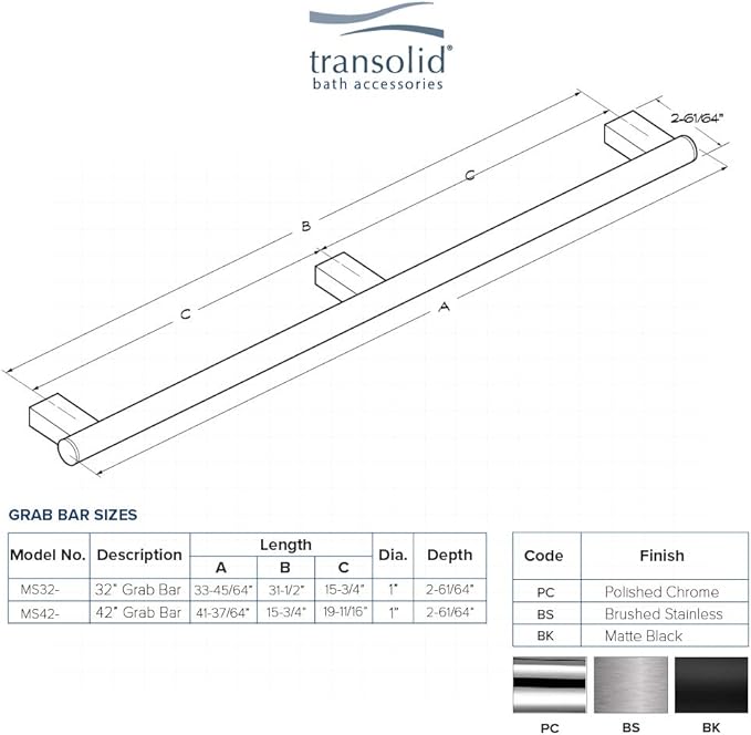 Transolid MS32BK Maddox 32-inch Grab Bar, Black