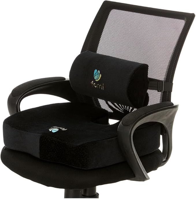 FOMI Extra Thick Coccyx Seat Cushion and Back Support Combo | Large Memory Foam Seat Pad and Lumbar Pillow for Car, Office, Gaming Chair, Wheelchair | Sciatica, Tailbone Pain Relief