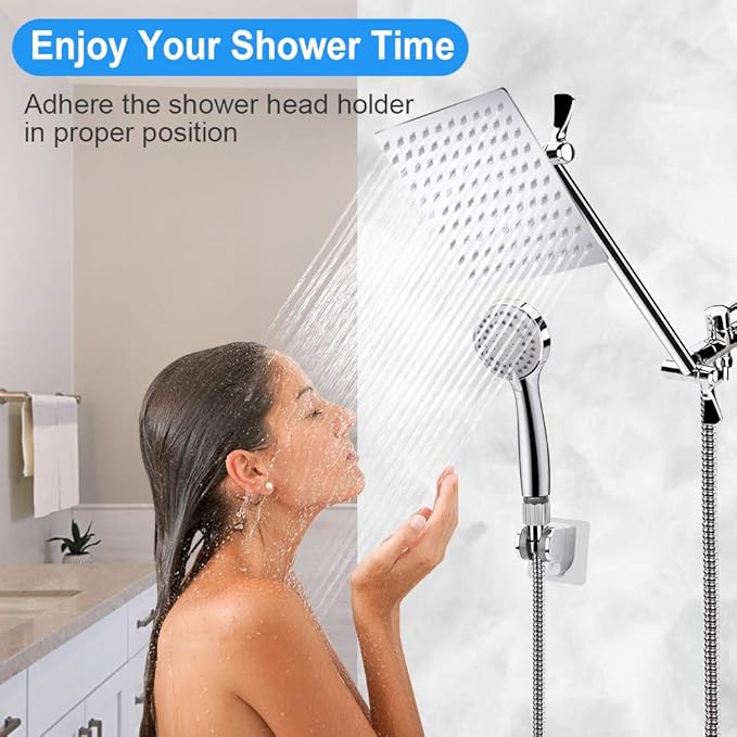 Shower Head , 8 Inch High Pressure Rainfall Shower Head / Handheld Showerhead Combo with 11 Inch Extension Arm, Anti-leak Shower Head with Holder/ Hose, Flow Regulator, Chrome