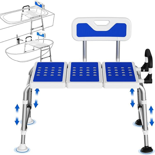 Bathtub Transfer Bench Shower Chair for Inside Tub Heavy-Duty Adjustable Width & Height Handicap Bath Chair with Extended Shower Seat and Reversible Backrest for Seniors, Elderly & Disabled