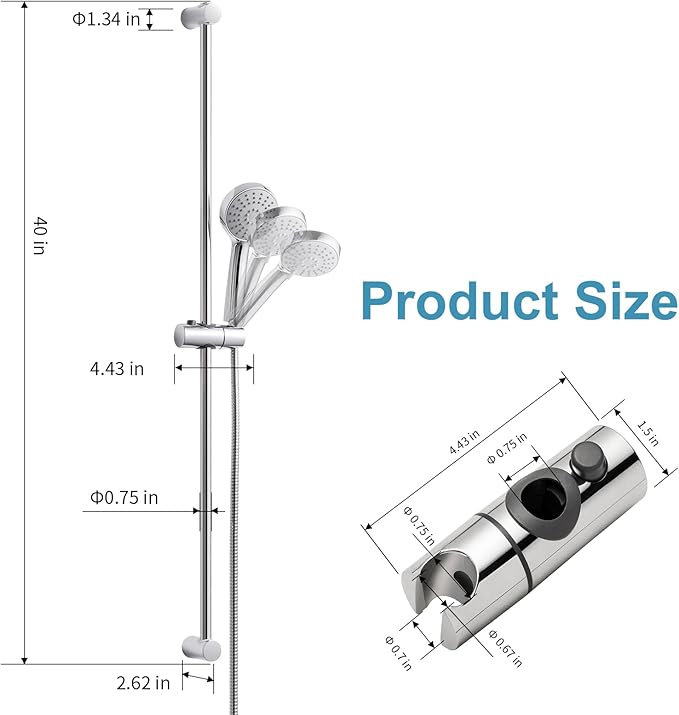 OFFO Shower Slide Bar Combo, Adjustable 39 in Slide Bar with 3-Mode Round Handheld Shower Head and 60 in Stainless Steel Hose, Screw Wall Mounted, Chrome Finish