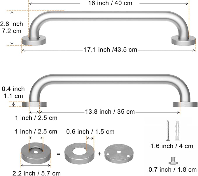 Brushed Nickel Grab Bar 16 Inch, iMomwee Stainless Steel Safety Grab Bar, Wall Mounted Balanced Support Bar for Toilet, Handicap Bathroom Safety Rail for Elderly Senior, Shower Bath Handle