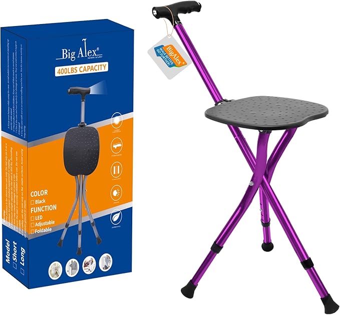 BigAlex Alloy Folding Cane with Seat, Lightweight Adjustable Walking Cane with Seat, Cane Seat with LED for Seniors, Cane Chair for Woman/Man,Anti-Slip Walking Stick for Seniors