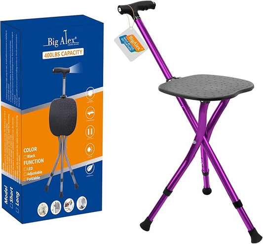 BigAlex Alloy Folding Cane with Seat, Lightweight Adjustable Walking Cane with Seat, Cane Seat with LED for Seniors, Cane Chair for Woman/Man,Anti-Slip Walking Stick for Seniors