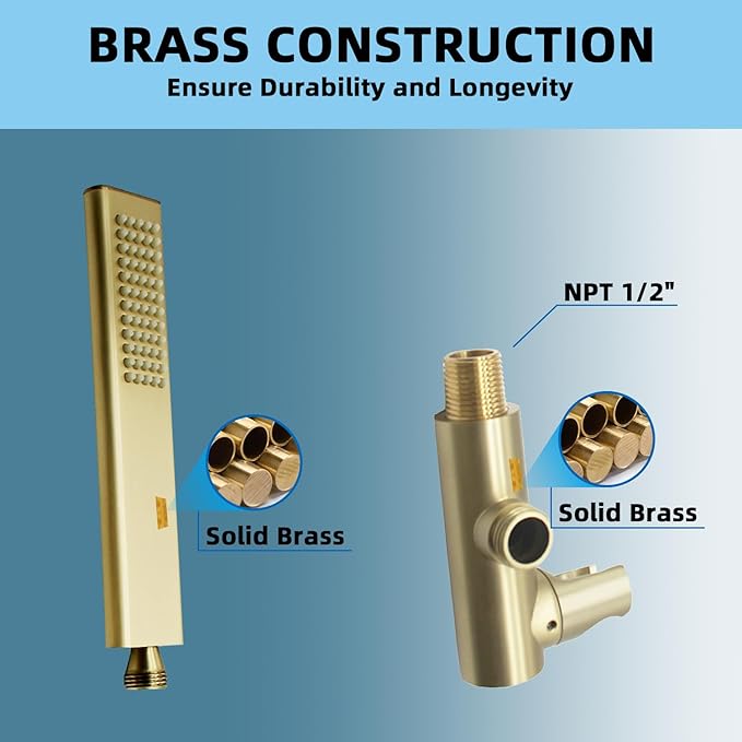 Solid Brass Handheld Shower Head Arc Design High Pressure Brushed Gold Hand Shower Wand with Adjustable Supply Elbow Wall Connector Shower Holder and 59″ Stainless Steel Hose Set