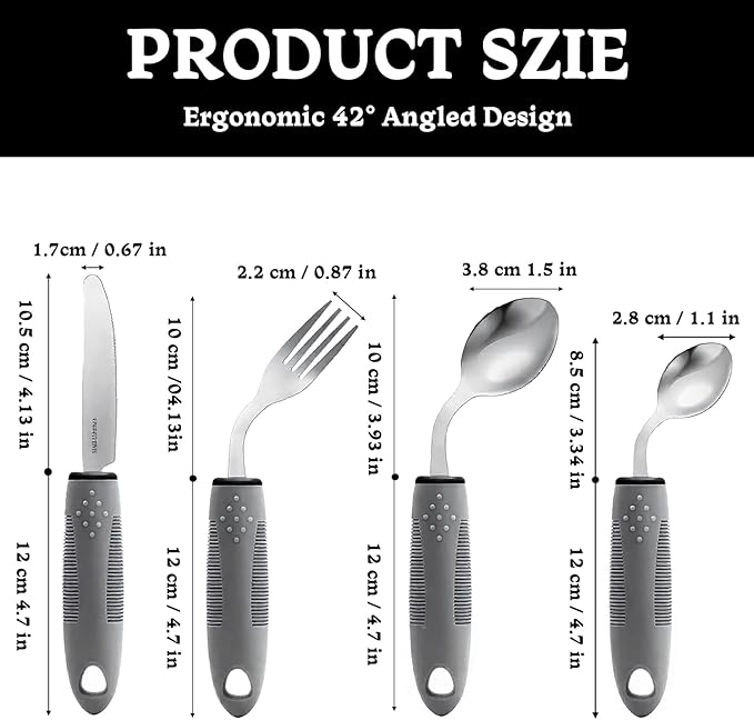 4Pcs Adaptive Utensils for Elderly, Weighted Adaptive Eating Utensils, Adaptive Utensils Set Non-Slip Handles for Hand Tremors Seniors Arthritis Parkinson’s (Left-Handed, Grey)