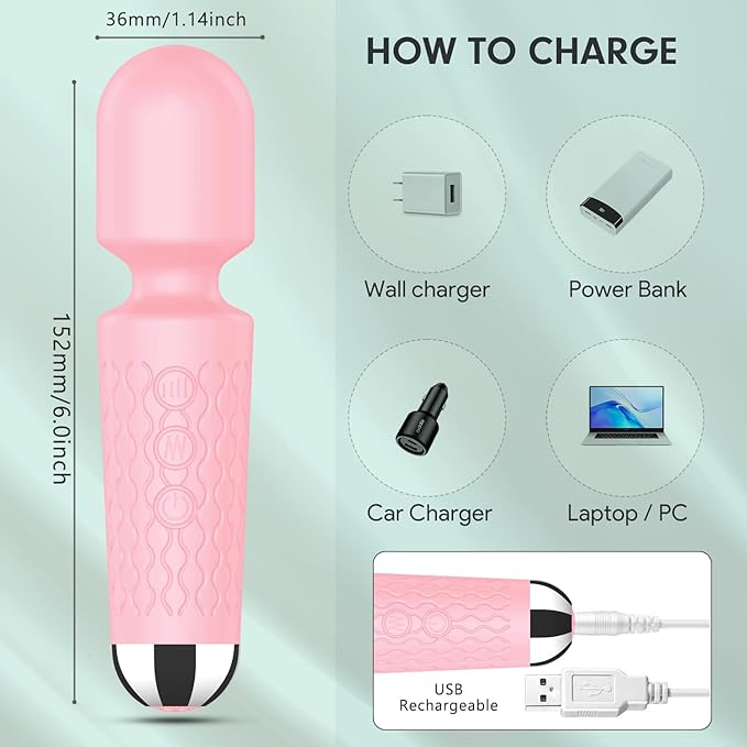 Personal Back Massager - Handheld Waterproof & Rechargeable Massager - 20 Speeds 8 Patterns Vibration Massage - Perfect for Travel Relaxation, Relieves Back, Legs Muscles (Pink)