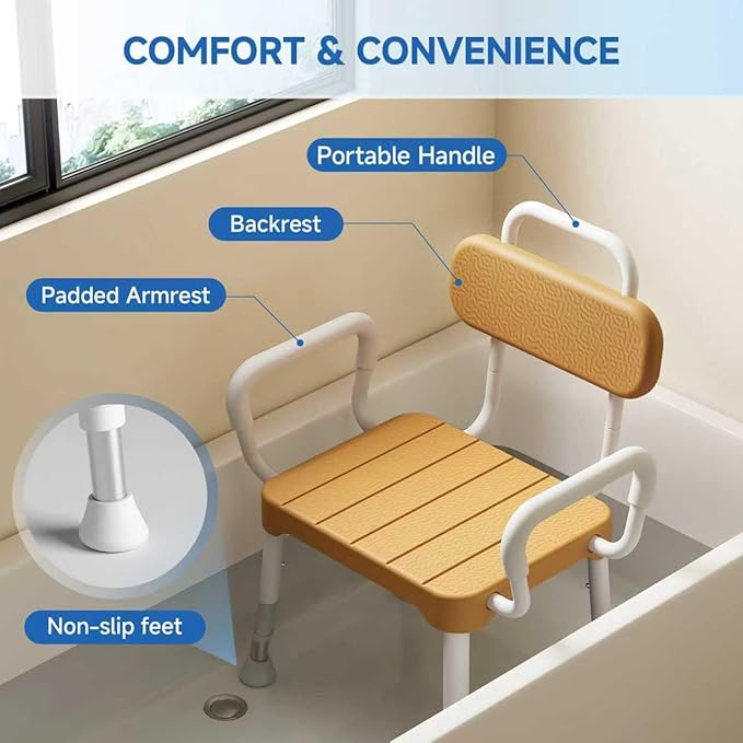 Shower Chair for Bathtub, Adjustable Height 15.7"–21.2" Bath Stool with Removable Backrest and Arms, Rust-Resistant Aluminum Frame, Non-Slip Rubber Feet, Supports 350 lbs， Brown