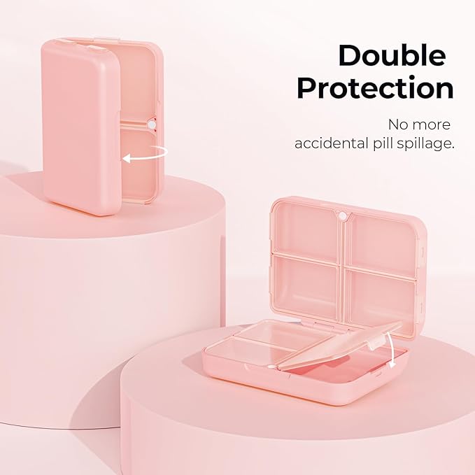 AUVON Daily Pill Organizer Fit with Your Purse or Pocket, Compact Pill Case Travel Essentials with Magnetic Folding Closure & Long-Lasting Hinges, Pill Box for Fish Oils, Supplement, Vitamins (Pink)