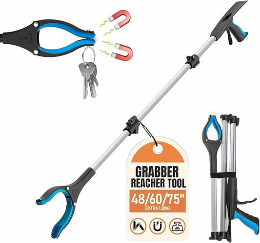 60" Extra Long Grabber Reacher Tool, Aluminum Foldable Reacher Grabber, Dual Magnetic Tip Pickup Grabber Trash Picker, Strong Grip Aid for Upper Shelves, Elderly, Surgery Recovery Must Have