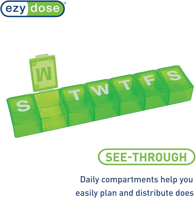 EZY DOSE Weekly (7-Day) Daily Pill Organizer, Vitamin Planner, Medicine Container, Case for Supplements and Fish Oils, Convenient and Easy to Use, Medium Compartments, Travel Friendly, Green, BPA Free
